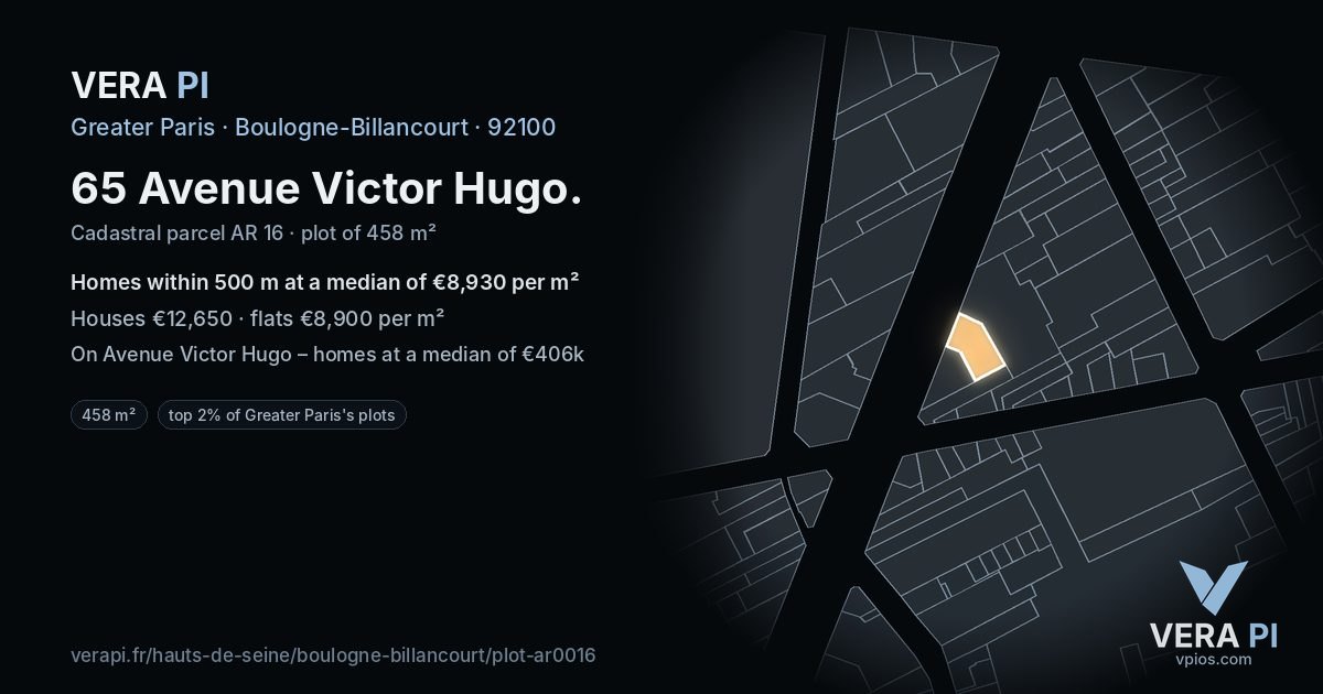65 Avenue Victor Hugo, Boulogne-Billancourt at night – the plot lit, the parcels around coloured by the prices near them
