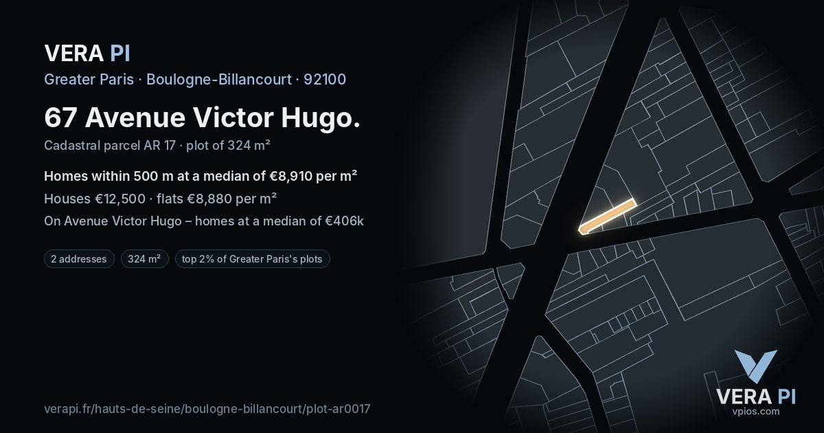 67 Avenue Victor Hugo, Boulogne-Billancourt at night – the plot lit, the parcels around coloured by the prices near them