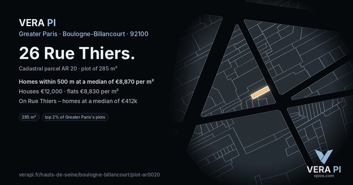 26 Rue Thiers, Boulogne-Billancourt at night – the plot lit, the parcels around coloured by the prices near them