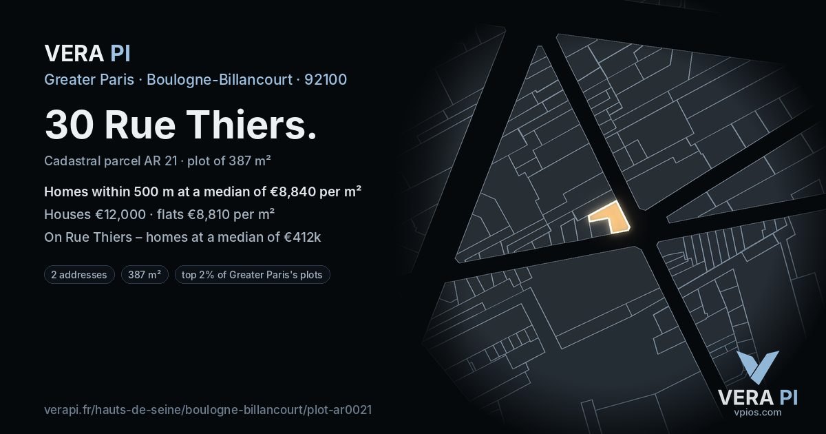 30 Rue Thiers, Boulogne-Billancourt at night – the plot lit, the parcels around coloured by the prices near them
