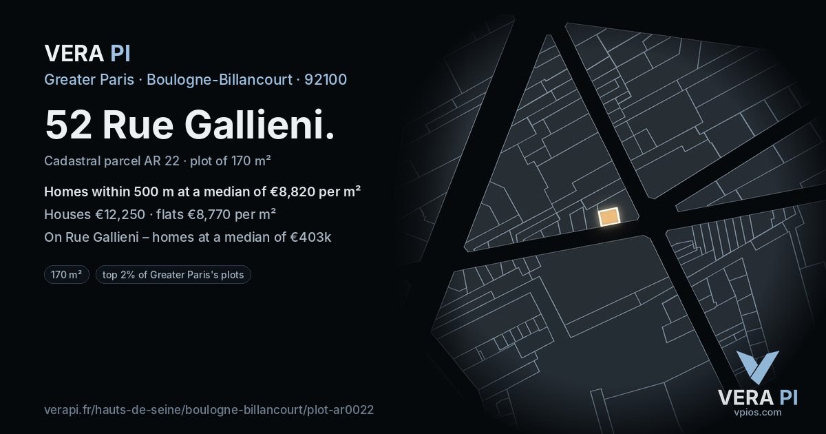 52 Rue Gallieni, Boulogne-Billancourt at night – the plot lit, the parcels around coloured by the prices near them