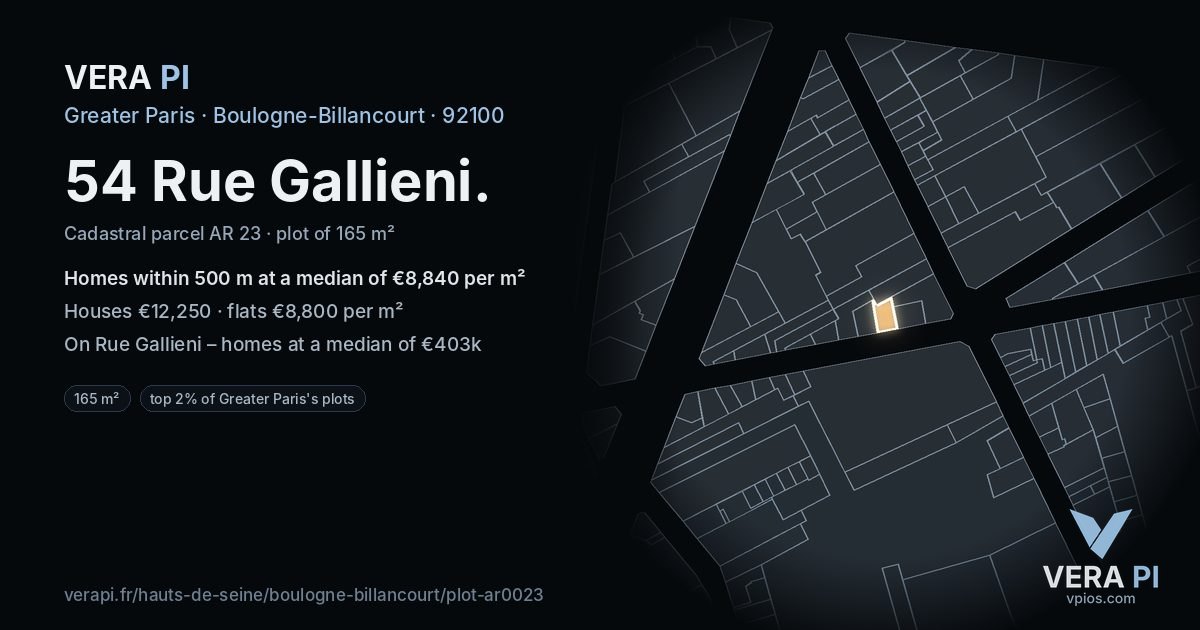 54 Rue Gallieni, Boulogne-Billancourt at night – the plot lit, the parcels around coloured by the prices near them