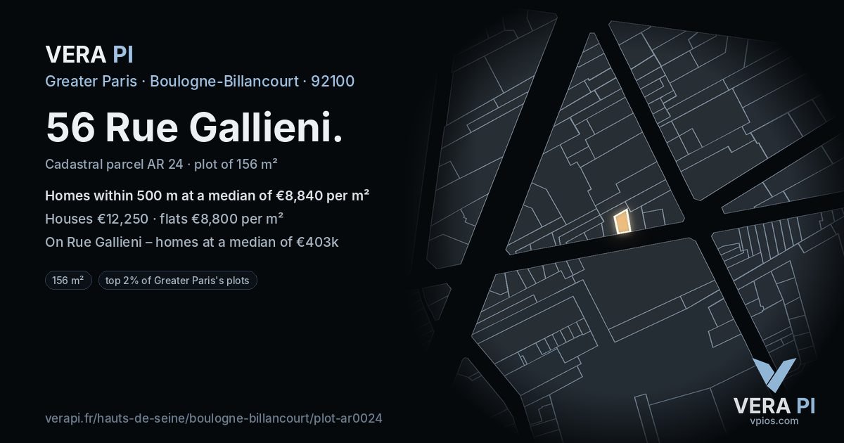 56 Rue Gallieni, Boulogne-Billancourt at night – the plot lit, the parcels around coloured by the prices near them