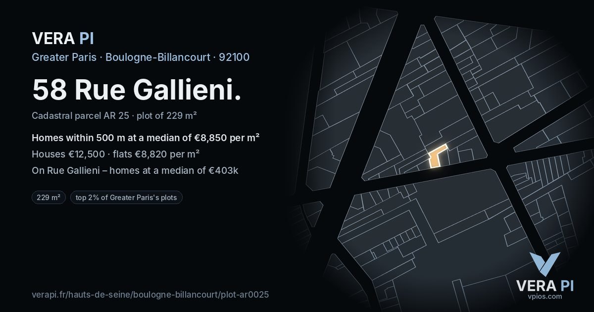 58 Rue Gallieni, Boulogne-Billancourt at night – the plot lit, the parcels around coloured by the prices near them