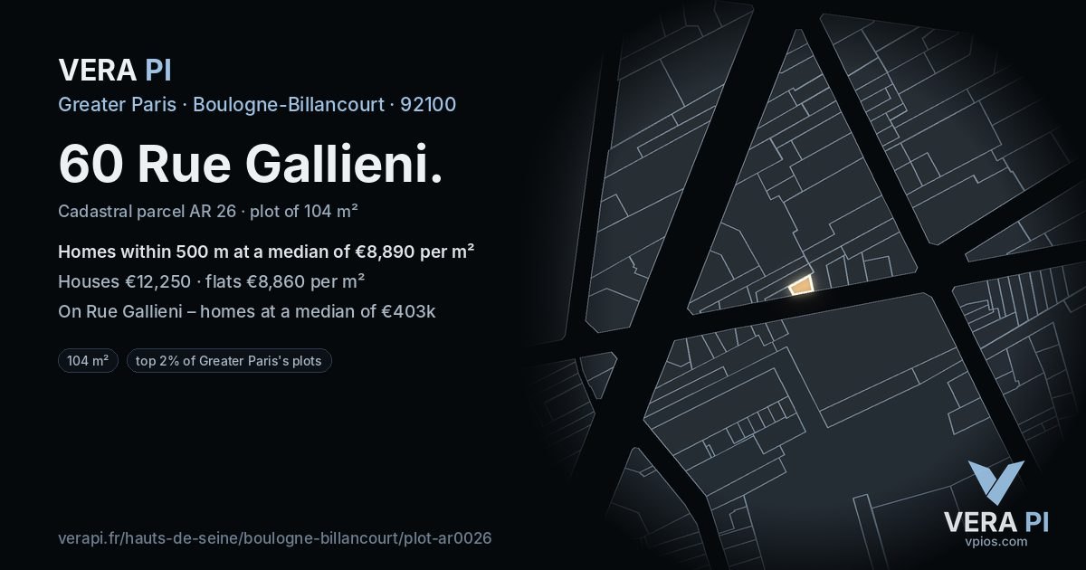 60 Rue Gallieni, Boulogne-Billancourt at night – the plot lit, the parcels around coloured by the prices near them