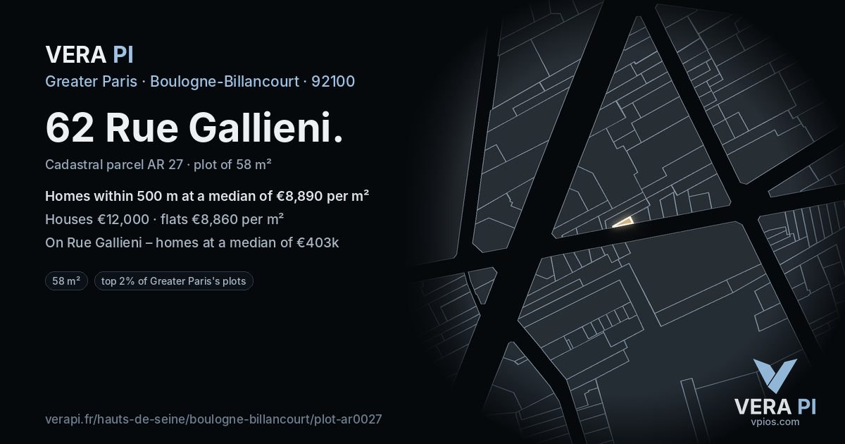 62 Rue Gallieni, Boulogne-Billancourt at night – the plot lit, the parcels around coloured by the prices near them