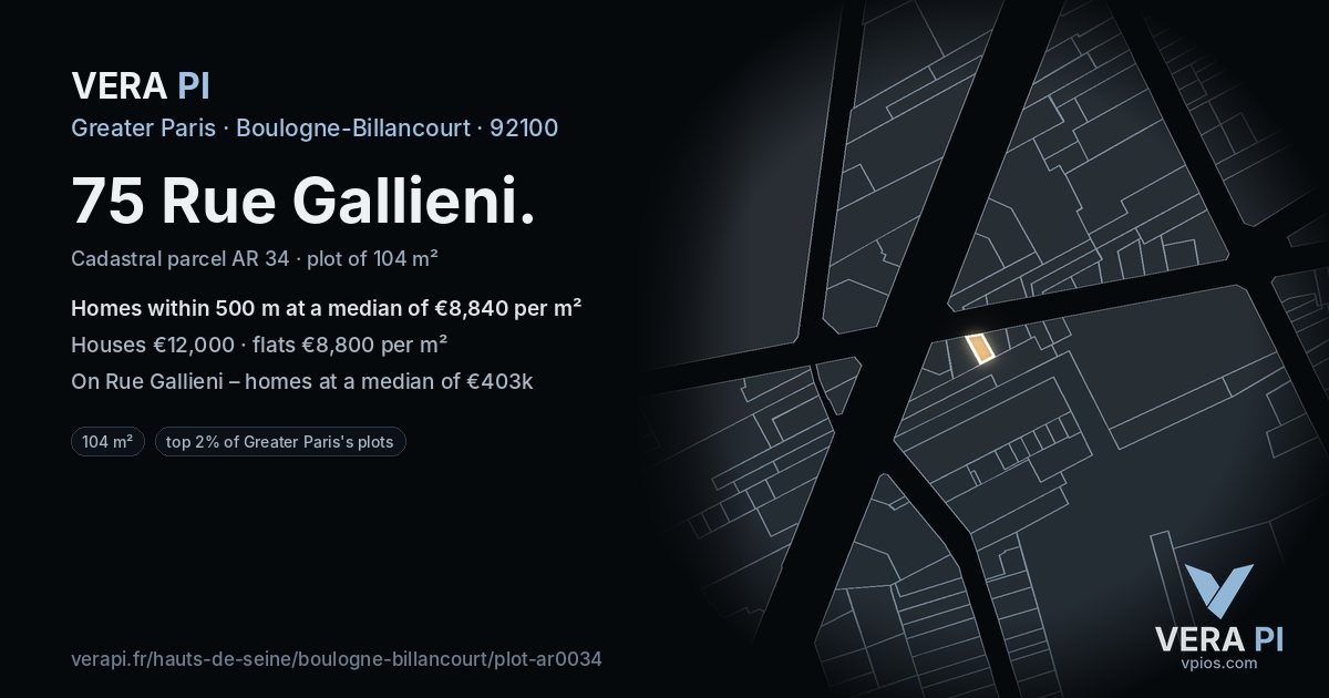 75 Rue Gallieni, Boulogne-Billancourt at night – the plot lit, the parcels around coloured by the prices near them