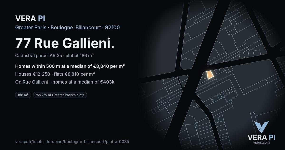 77 Rue Gallieni, Boulogne-Billancourt at night – the plot lit, the parcels around coloured by the prices near them