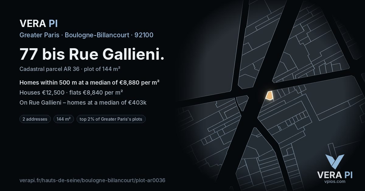 77 bis Rue Gallieni, Boulogne-Billancourt at night – the plot lit, the parcels around coloured by the prices near them