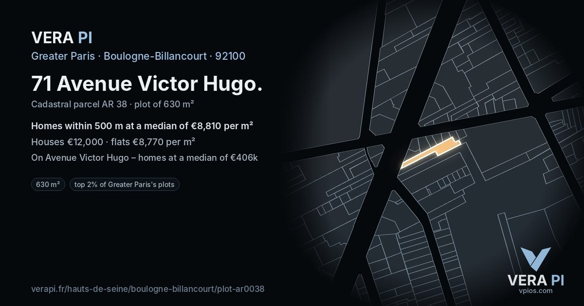 71 Avenue Victor Hugo, Boulogne-Billancourt at night – the plot lit, the parcels around coloured by the prices near them