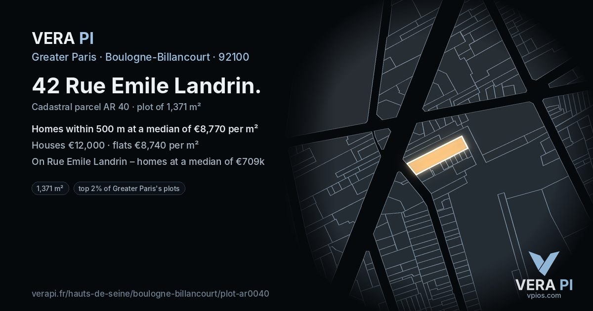 42 Rue Emile Landrin, Boulogne-Billancourt at night – the plot lit, the parcels around coloured by the prices near them