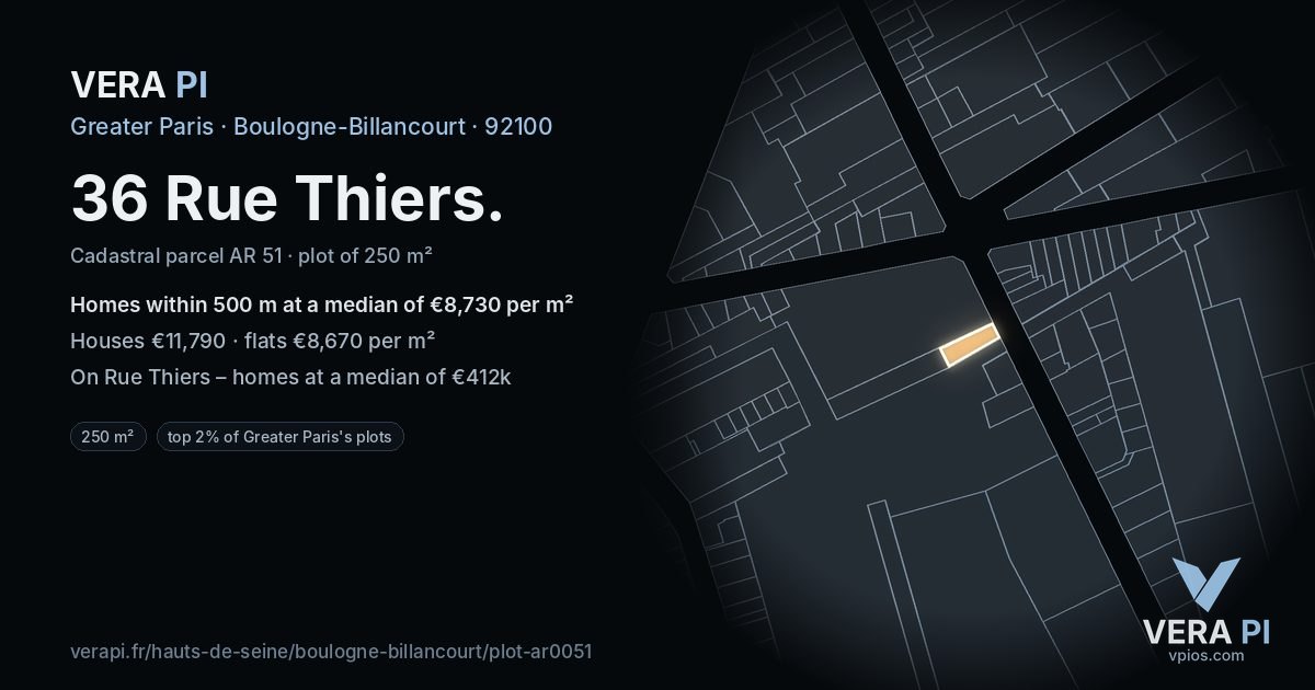 36 Rue Thiers, Boulogne-Billancourt at night – the plot lit, the parcels around coloured by the prices near them