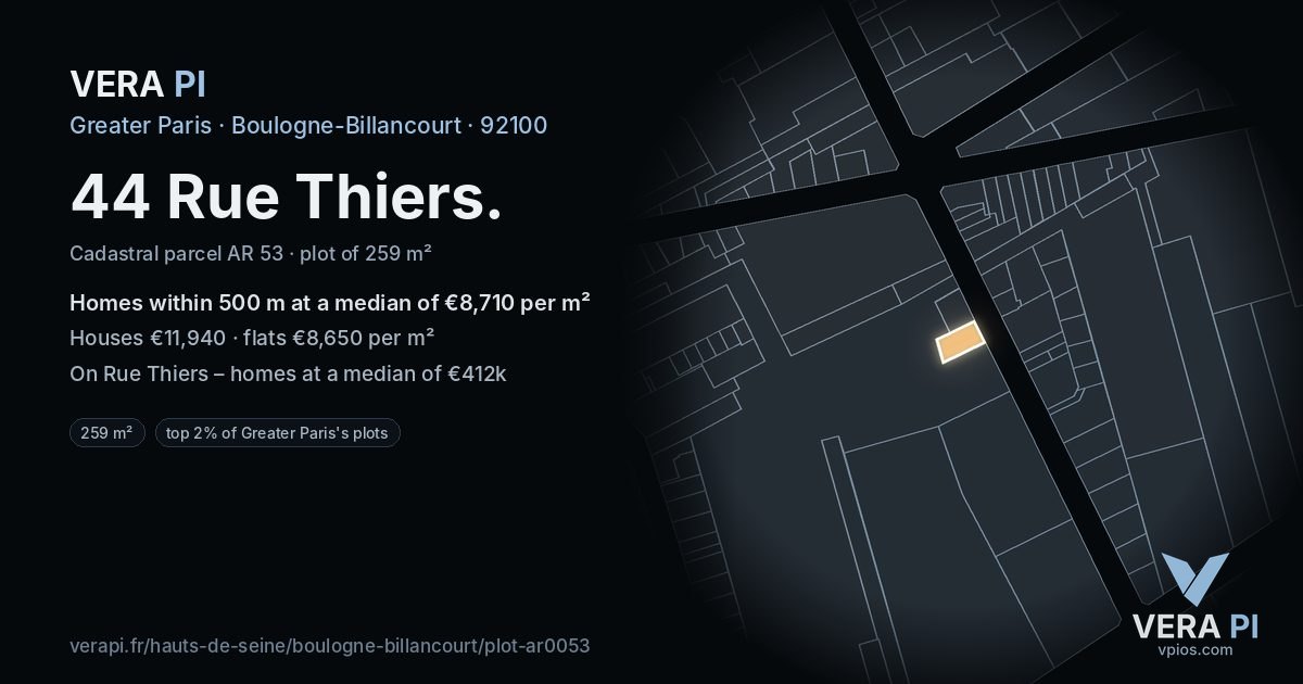 44 Rue Thiers, Boulogne-Billancourt at night – the plot lit, the parcels around coloured by the prices near them