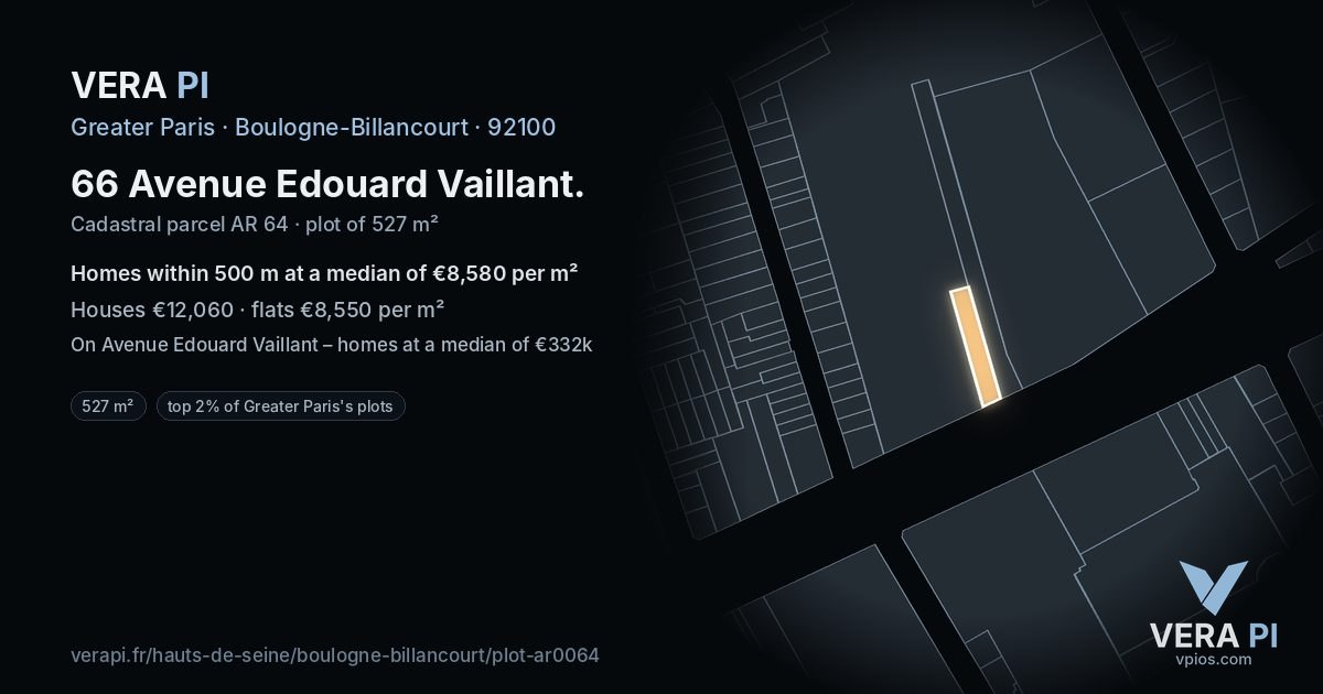 66 Avenue Edouard Vaillant, Boulogne-Billancourt at night – the plot lit, the parcels around coloured by the prices near them