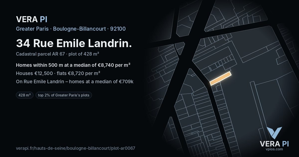 34 Rue Emile Landrin, Boulogne-Billancourt at night – the plot lit, the parcels around coloured by the prices near them
