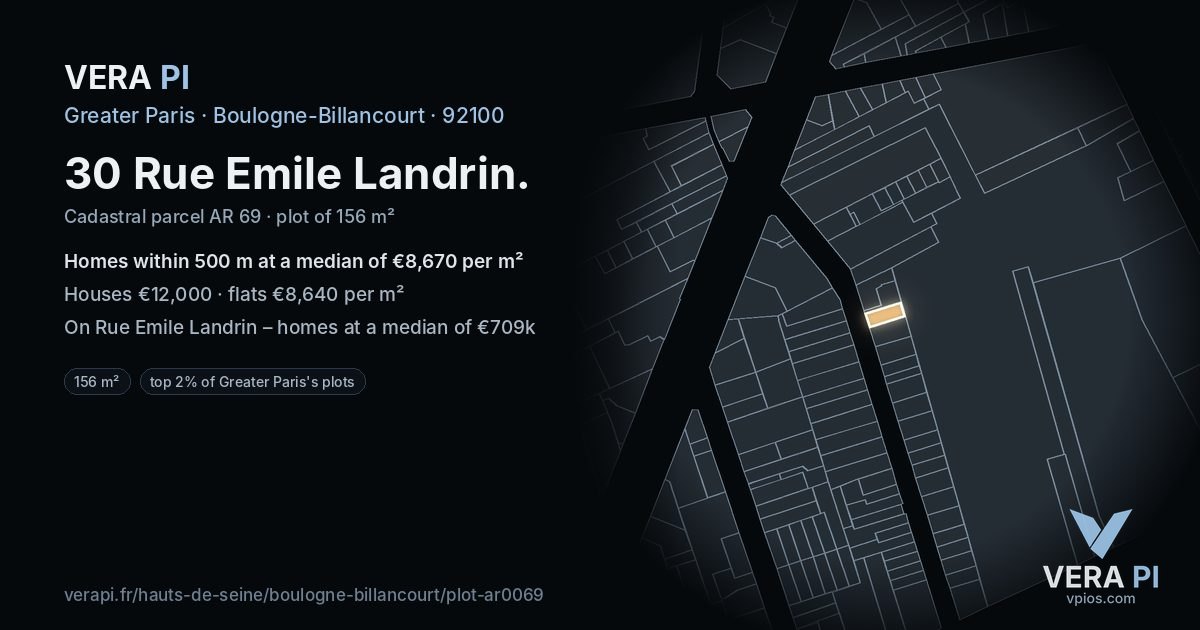 30 Rue Emile Landrin, Boulogne-Billancourt at night – the plot lit, the parcels around coloured by the prices near them
