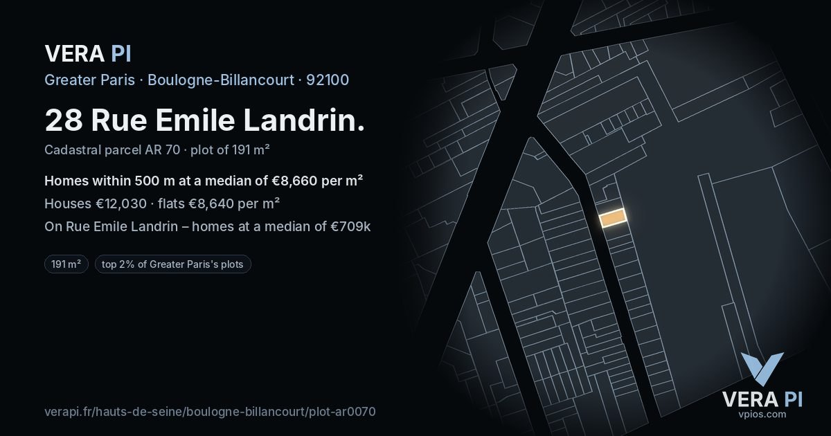 28 Rue Emile Landrin, Boulogne-Billancourt at night – the plot lit, the parcels around coloured by the prices near them
