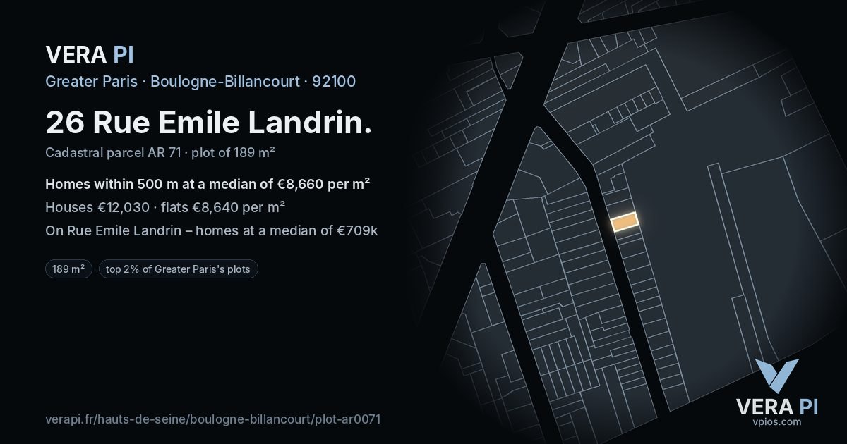 26 Rue Emile Landrin, Boulogne-Billancourt at night – the plot lit, the parcels around coloured by the prices near them