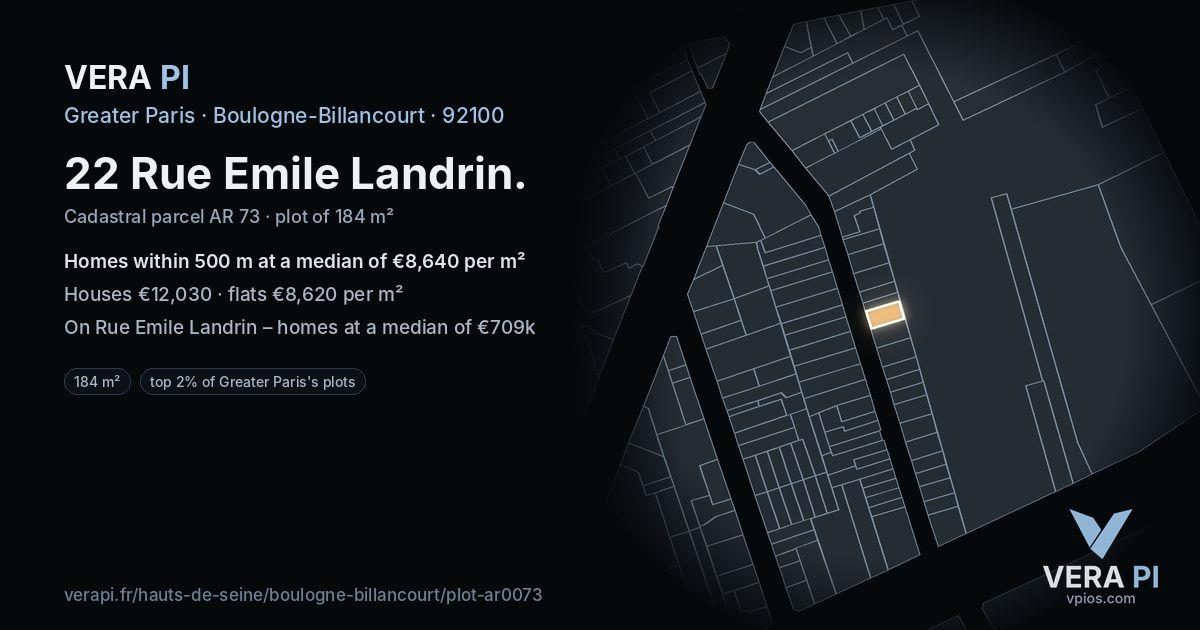 22 Rue Emile Landrin, Boulogne-Billancourt at night – the plot lit, the parcels around coloured by the prices near them