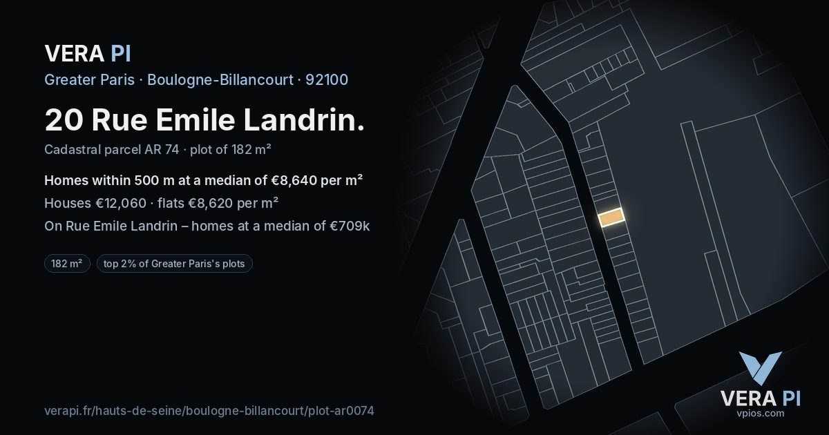20 Rue Emile Landrin, Boulogne-Billancourt at night – the plot lit, the parcels around coloured by the prices near them