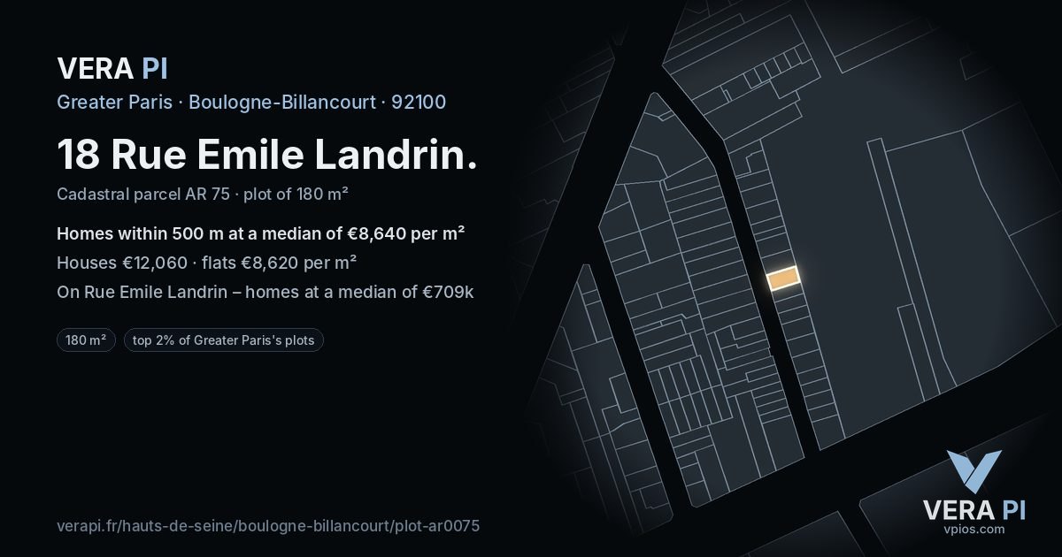 18 Rue Emile Landrin, Boulogne-Billancourt at night – the plot lit, the parcels around coloured by the prices near them