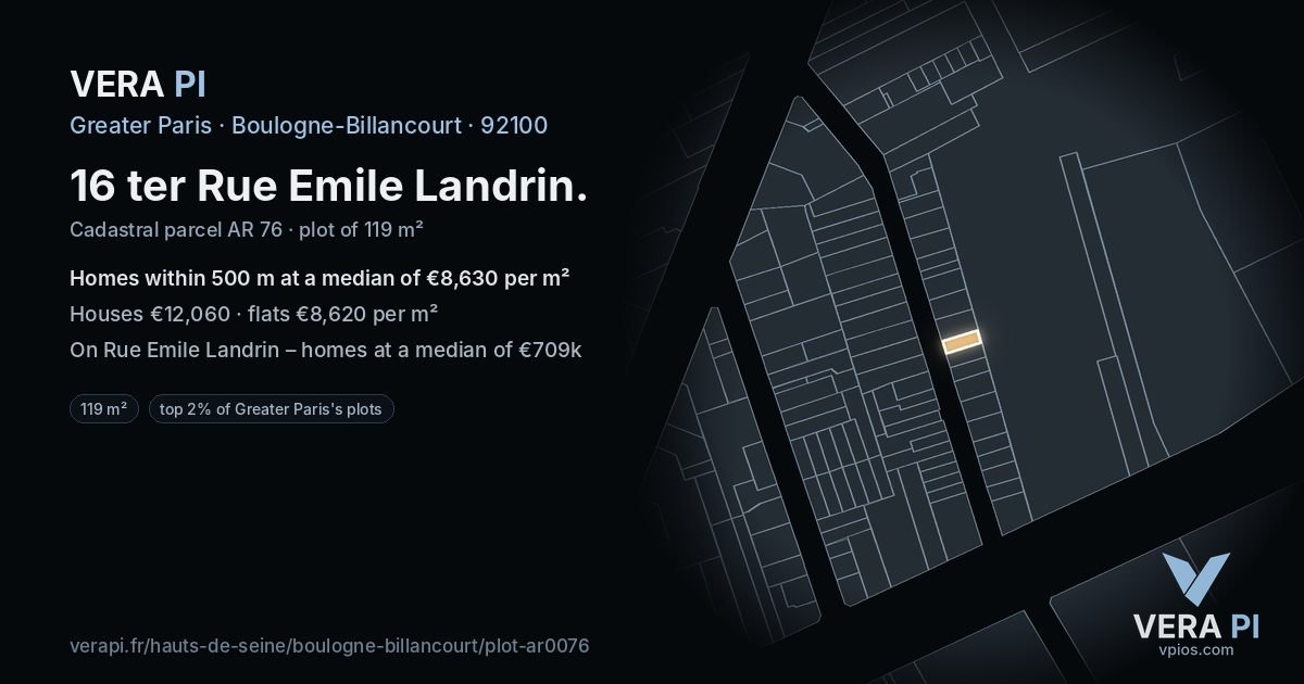 16 ter Rue Emile Landrin, Boulogne-Billancourt at night – the plot lit, the parcels around coloured by the prices near them