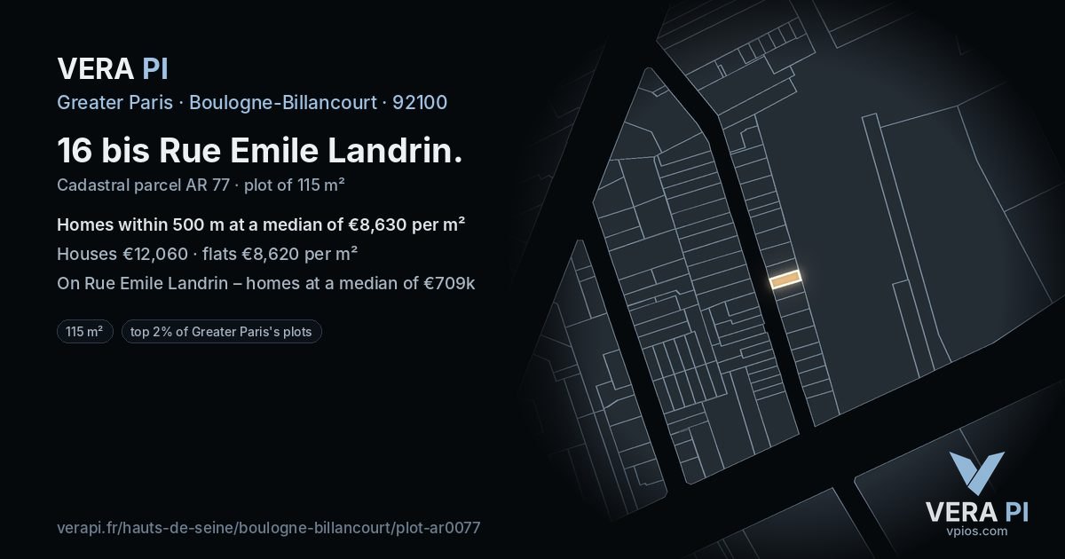 16 bis Rue Emile Landrin, Boulogne-Billancourt at night – the plot lit, the parcels around coloured by the prices near them