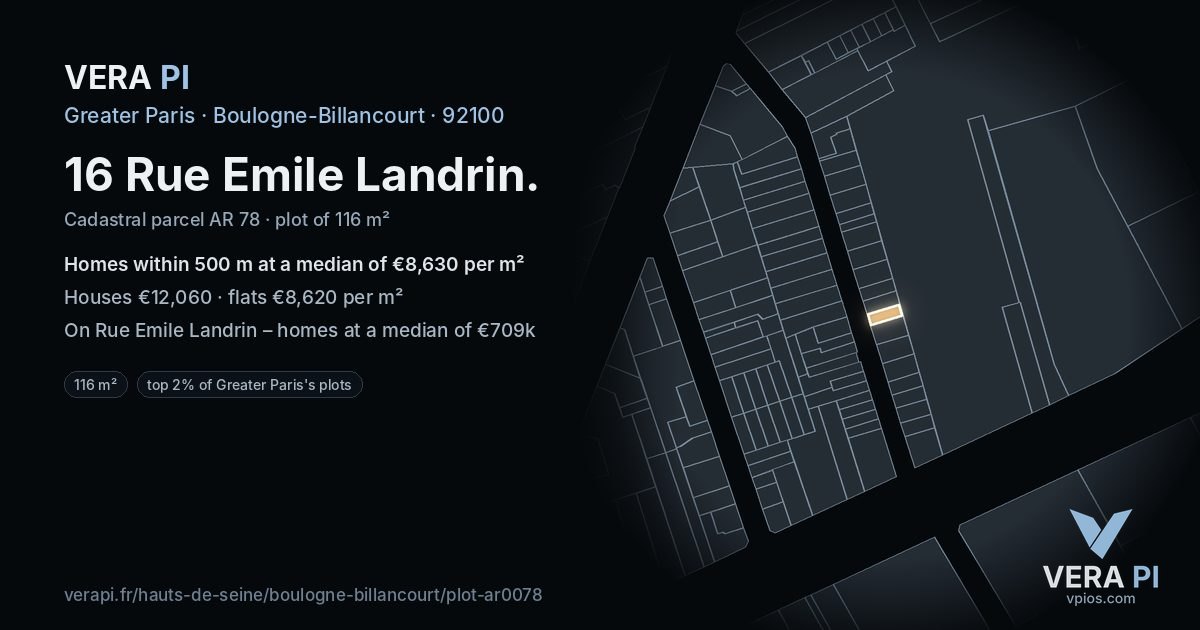 16 Rue Emile Landrin, Boulogne-Billancourt at night – the plot lit, the parcels around coloured by the prices near them