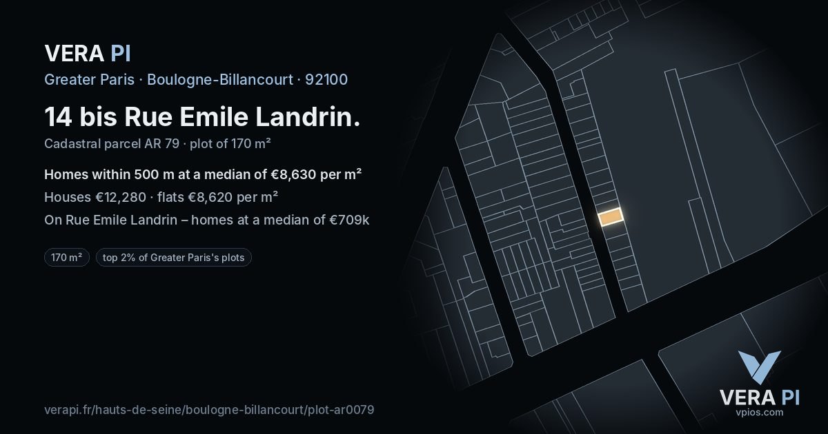 14 bis Rue Emile Landrin, Boulogne-Billancourt at night – the plot lit, the parcels around coloured by the prices near them