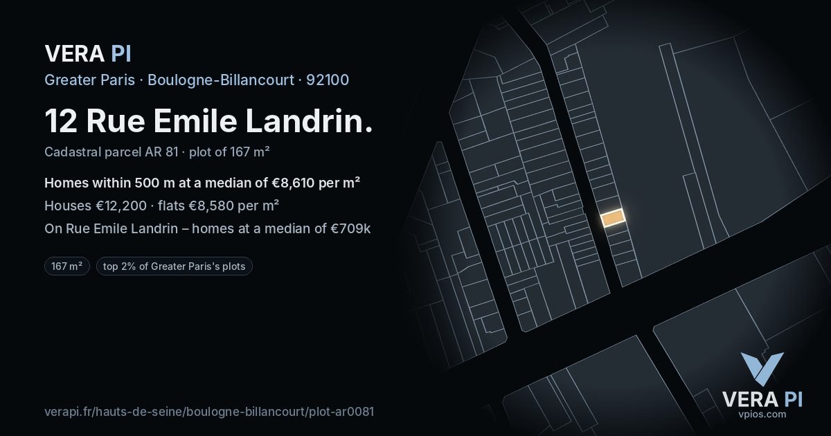 12 Rue Emile Landrin, Boulogne-Billancourt at night – the plot lit, the parcels around coloured by the prices near them