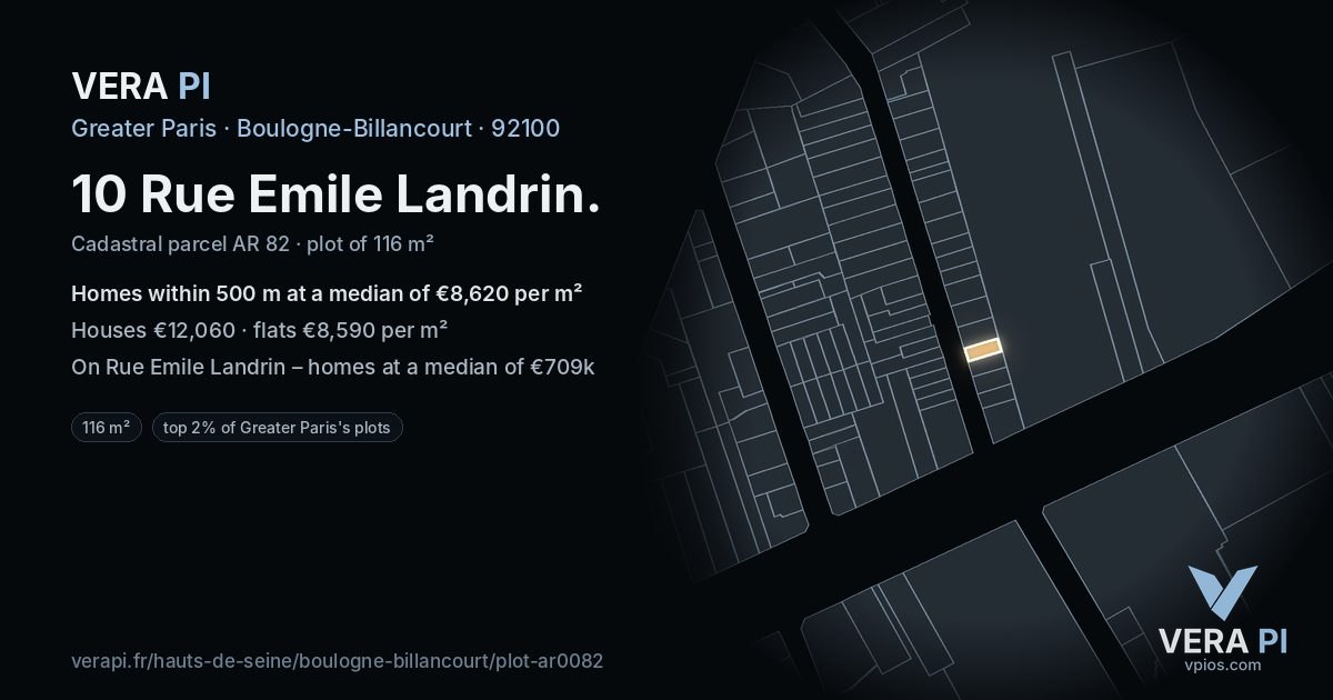 10 Rue Emile Landrin, Boulogne-Billancourt at night – the plot lit, the parcels around coloured by the prices near them