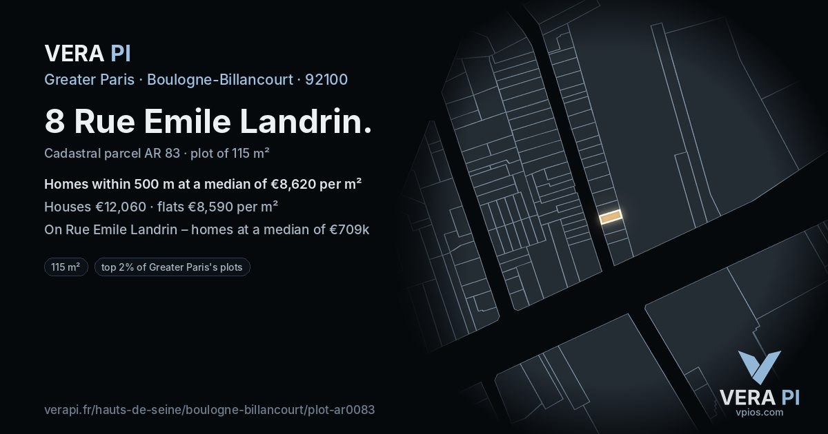 8 Rue Emile Landrin, Boulogne-Billancourt at night – the plot lit, the parcels around coloured by the prices near them