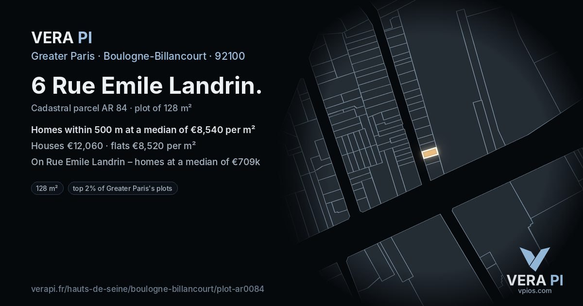 6 Rue Emile Landrin, Boulogne-Billancourt at night – the plot lit, the parcels around coloured by the prices near them
