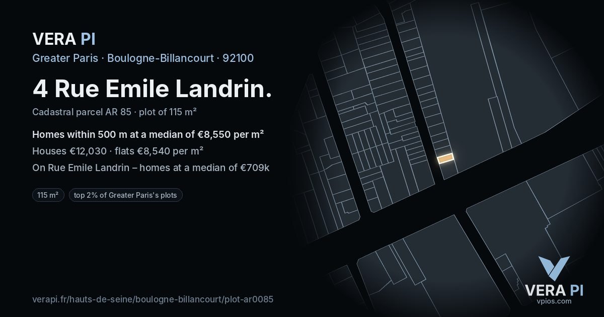 4 Rue Emile Landrin, Boulogne-Billancourt at night – the plot lit, the parcels around coloured by the prices near them