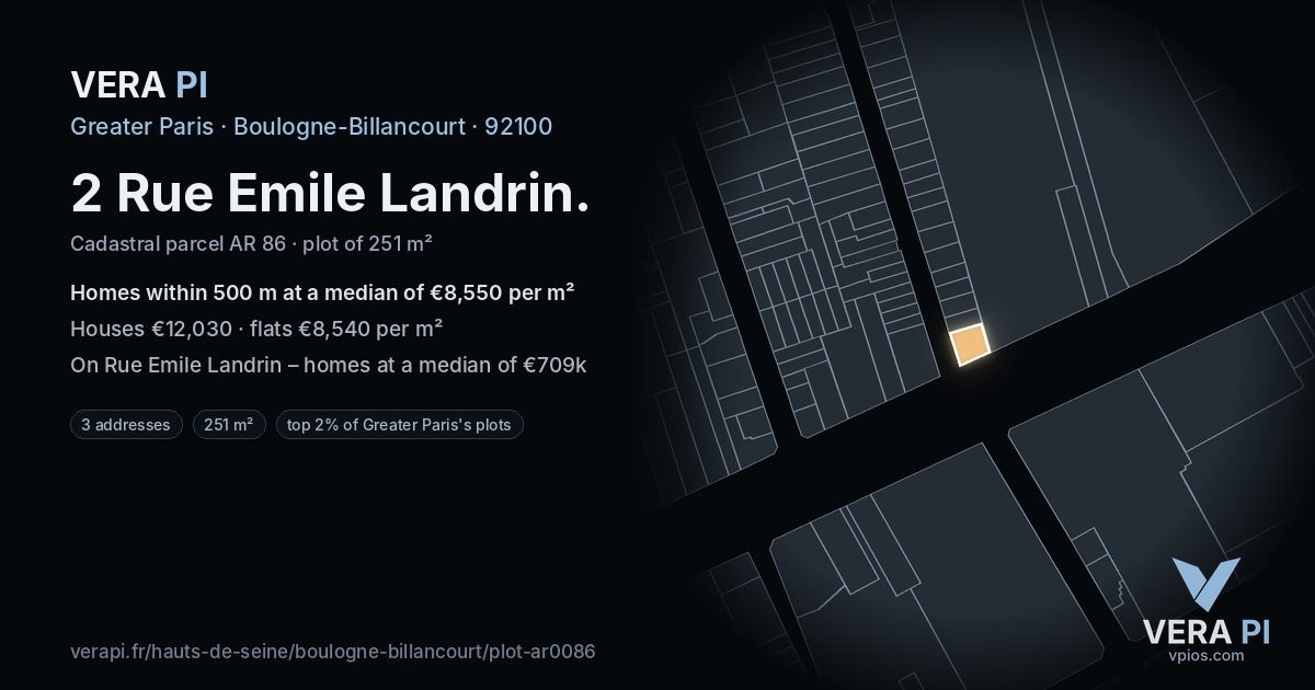 2 Rue Emile Landrin, Boulogne-Billancourt at night – the plot lit, the parcels around coloured by the prices near them