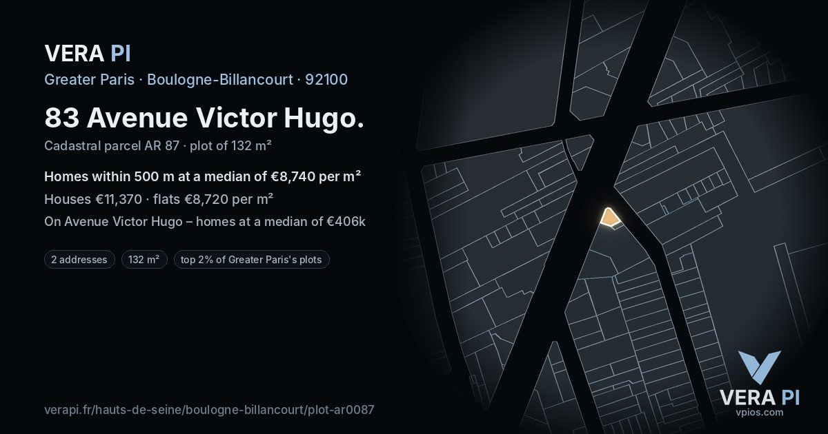 83 Avenue Victor Hugo, Boulogne-Billancourt at night – the plot lit, the parcels around coloured by the prices near them
