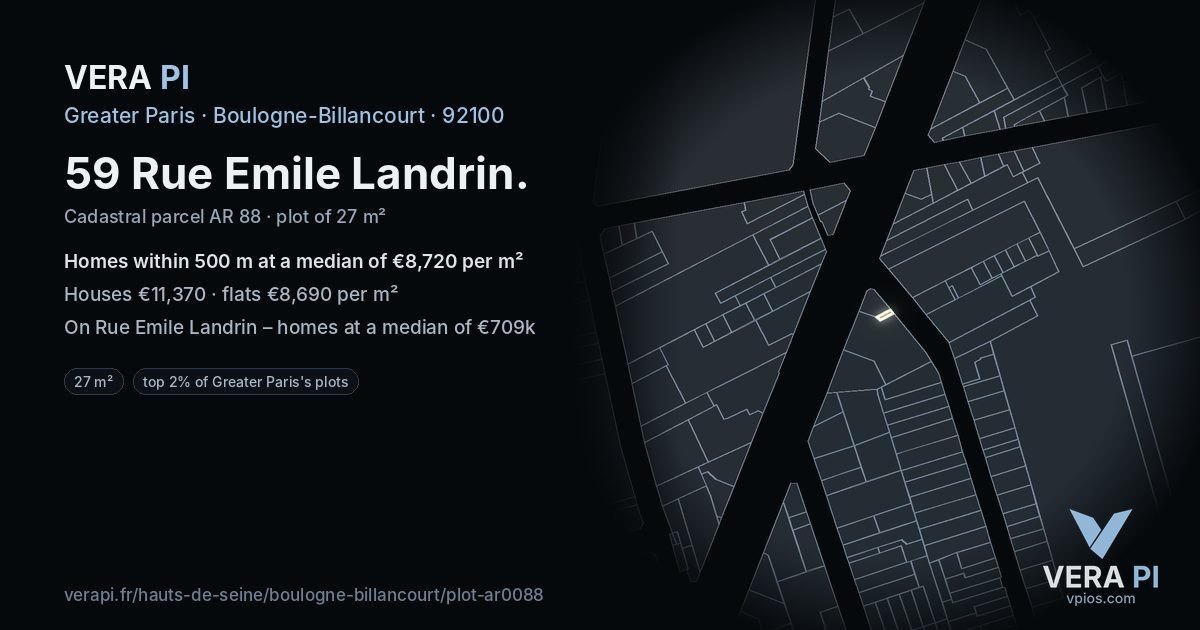 59 Rue Emile Landrin, Boulogne-Billancourt at night – the plot lit, the parcels around coloured by the prices near them