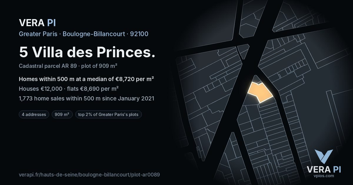 5 Villa des Princes, Boulogne-Billancourt at night – the plot lit, the parcels around coloured by the prices near them
