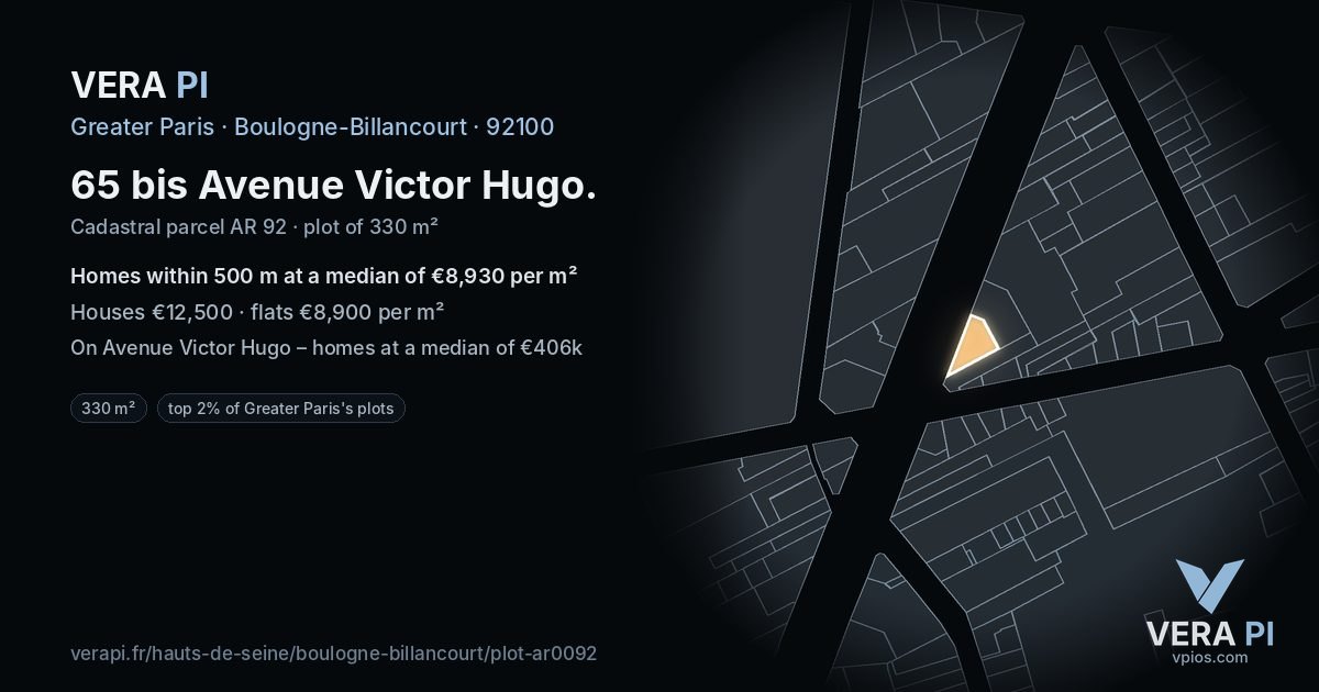 65 bis Avenue Victor Hugo, Boulogne-Billancourt at night – the plot lit, the parcels around coloured by the prices near them