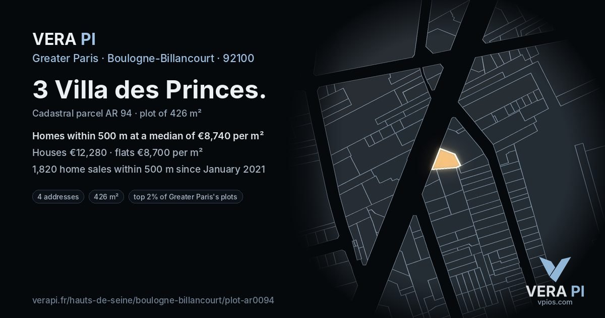3 Villa des Princes, Boulogne-Billancourt at night – the plot lit, the parcels around coloured by the prices near them