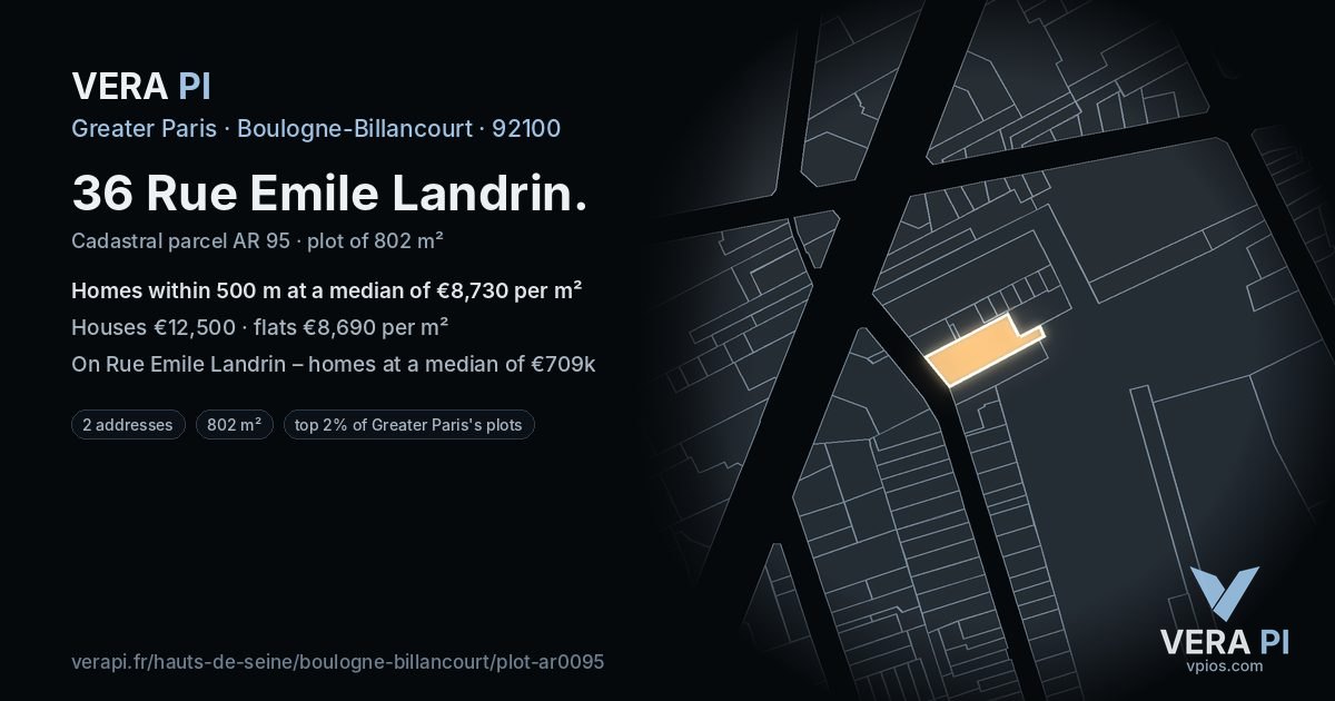 36 Rue Emile Landrin, Boulogne-Billancourt at night – the plot lit, the parcels around coloured by the prices near them