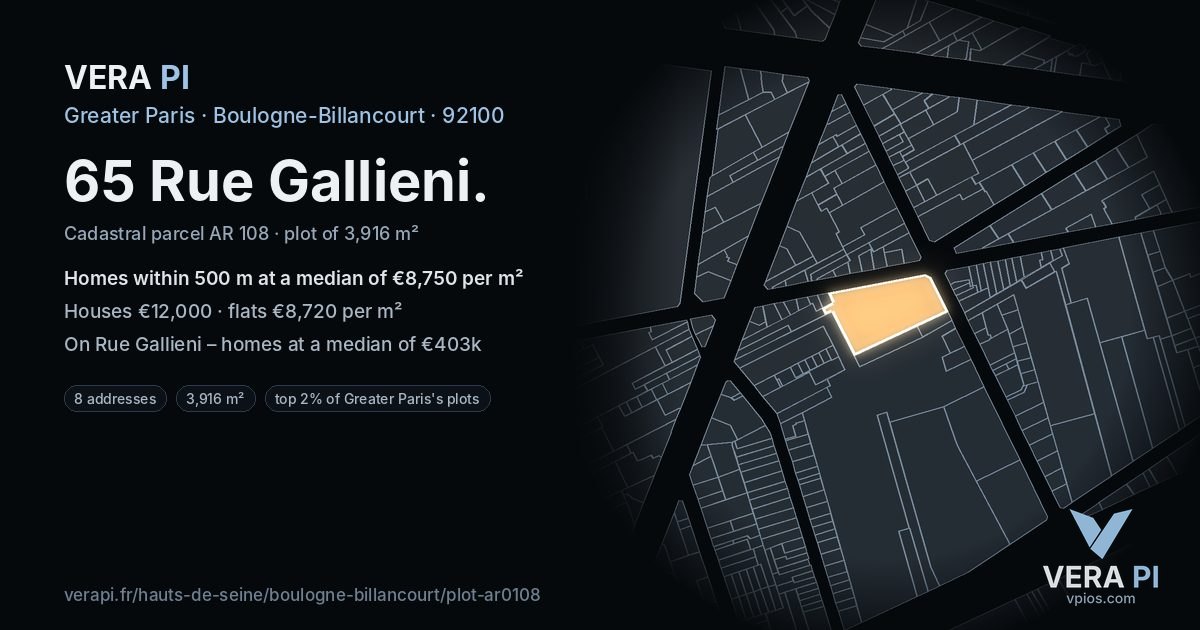 65 Rue Gallieni, Boulogne-Billancourt at night – the plot lit, the parcels around coloured by the prices near them