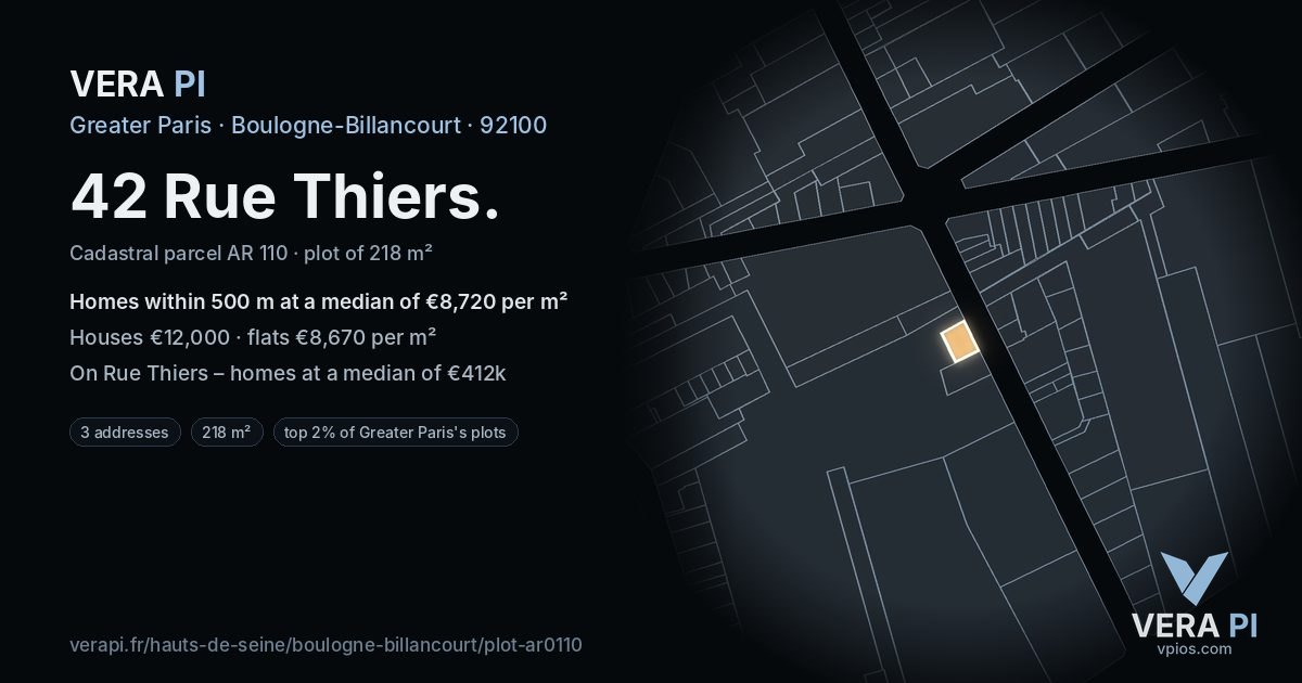 42 Rue Thiers, Boulogne-Billancourt at night – the plot lit, the parcels around coloured by the prices near them