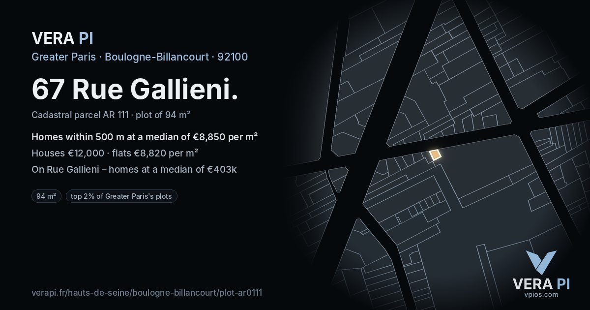 67 Rue Gallieni, Boulogne-Billancourt at night – the plot lit, the parcels around coloured by the prices near them