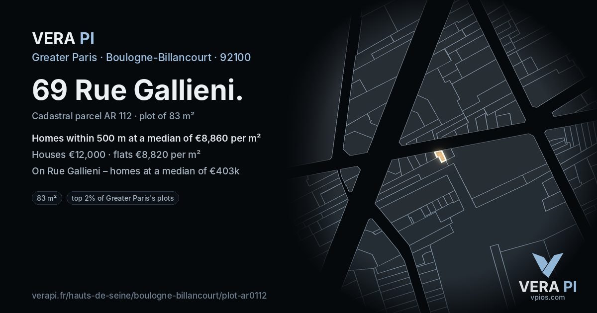 69 Rue Gallieni, Boulogne-Billancourt at night – the plot lit, the parcels around coloured by the prices near them