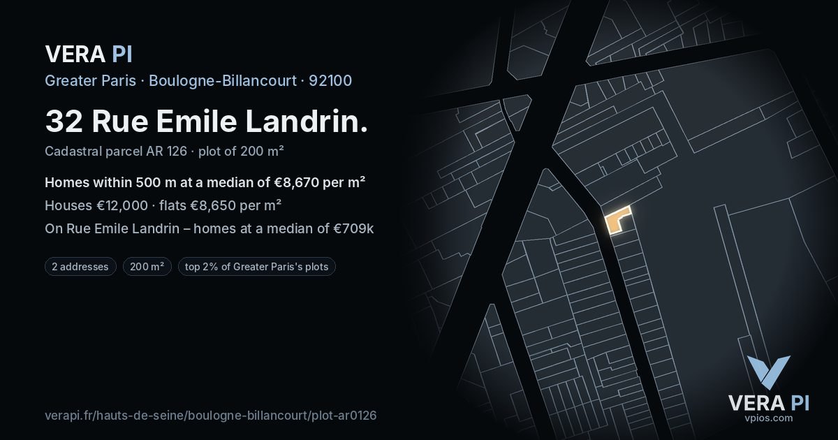 32 Rue Emile Landrin, Boulogne-Billancourt at night – the plot lit, the parcels around coloured by the prices near them