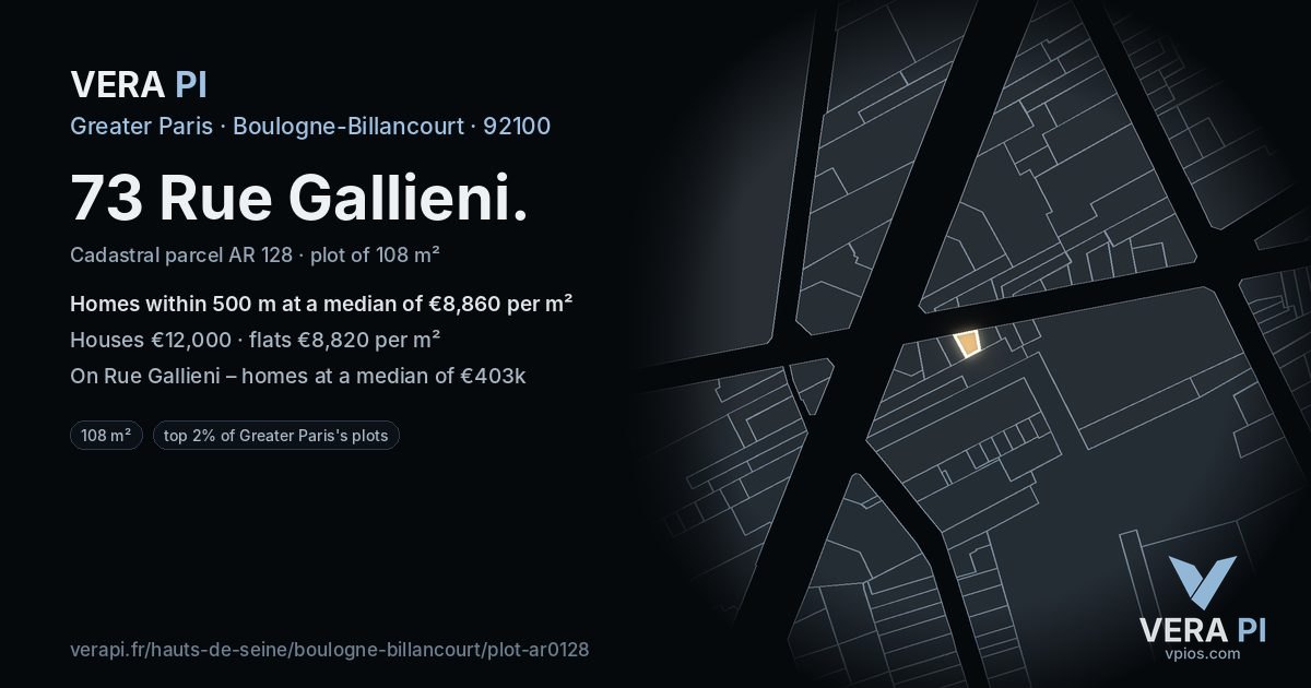 73 Rue Gallieni, Boulogne-Billancourt at night – the plot lit, the parcels around coloured by the prices near them
