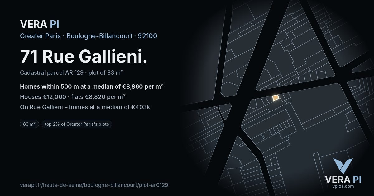 71 Rue Gallieni, Boulogne-Billancourt at night – the plot lit, the parcels around coloured by the prices near them