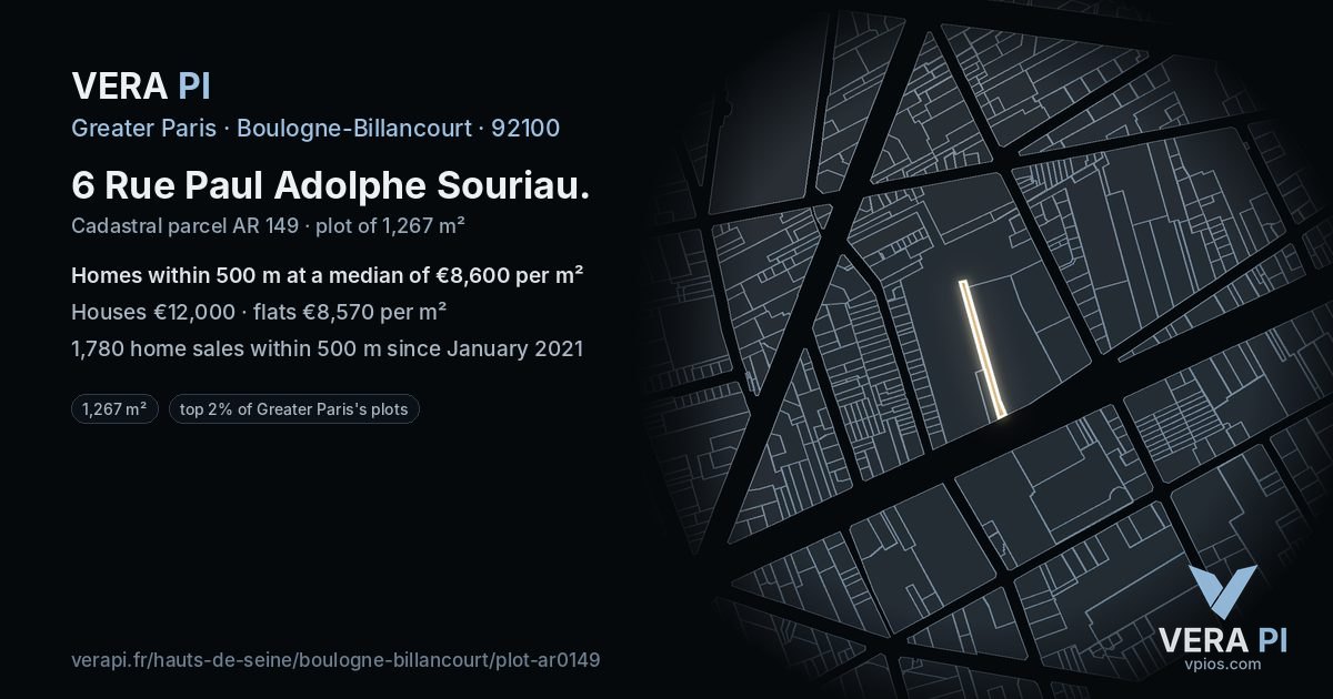 6 Rue Paul Adolphe Souriau, Boulogne-Billancourt at night – the plot lit, the parcels around coloured by the prices near them
