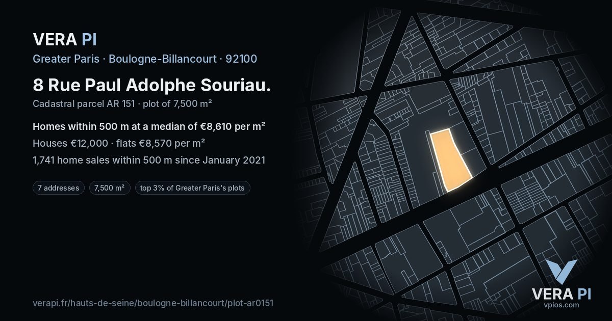 8 Rue Paul Adolphe Souriau, Boulogne-Billancourt at night – the plot lit, the parcels around coloured by the prices near them